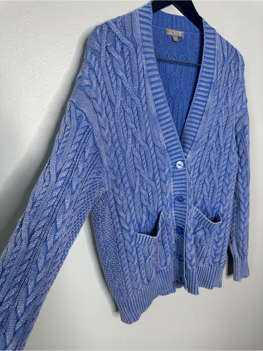 J.Crew Washed Blue Cable-Knit V-Neck Cardigan Sweater - Picture 2 of 9